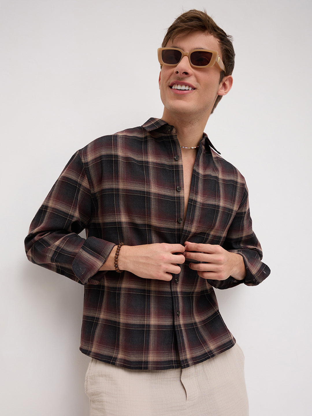 Espresso Ombre Checks Boxy Fit Crop Shirt