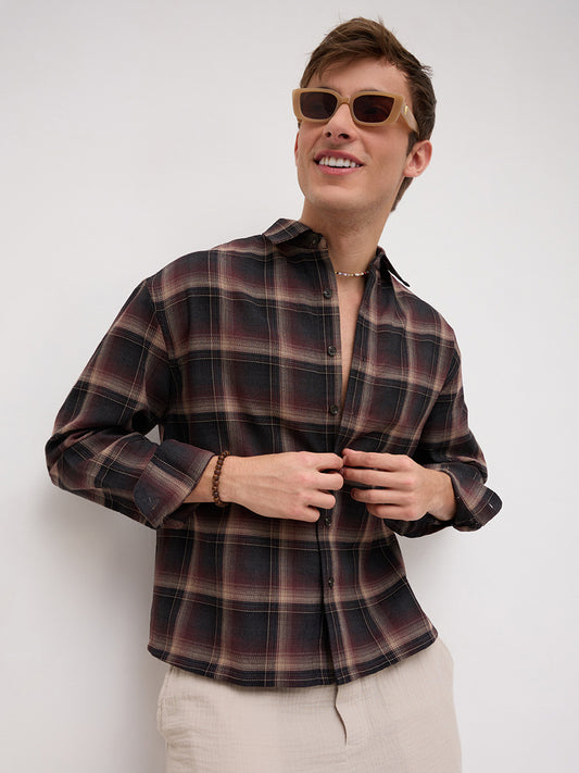 Espresso Ombre Checks Boxy Fit Crop Shirt