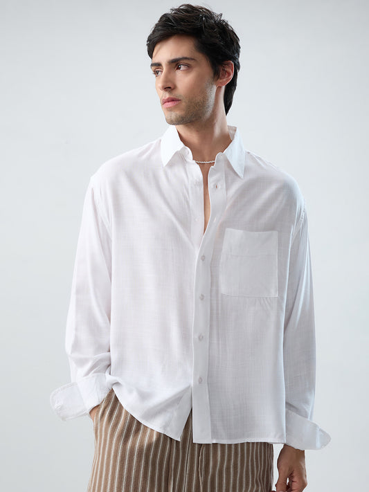Sheer White Fine Weave Boxy Fit Crop Shirt