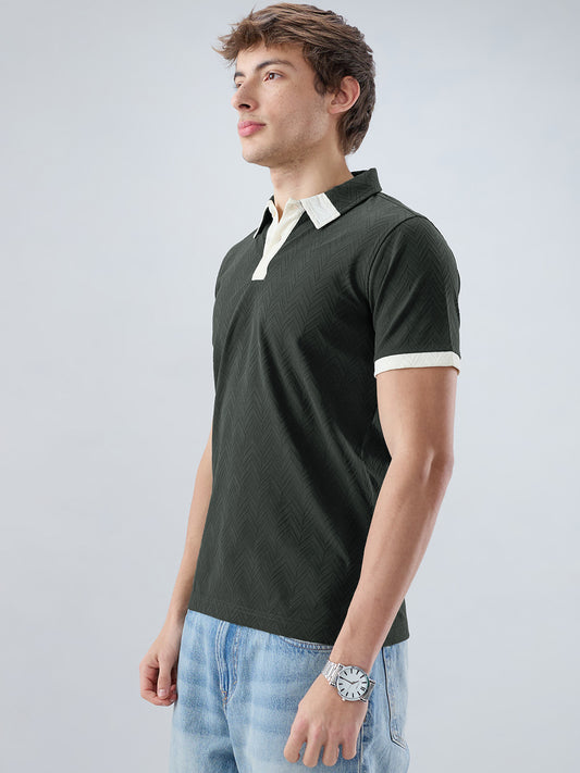 Olive Chevron Contrast Polo Neck Knit T-shirt