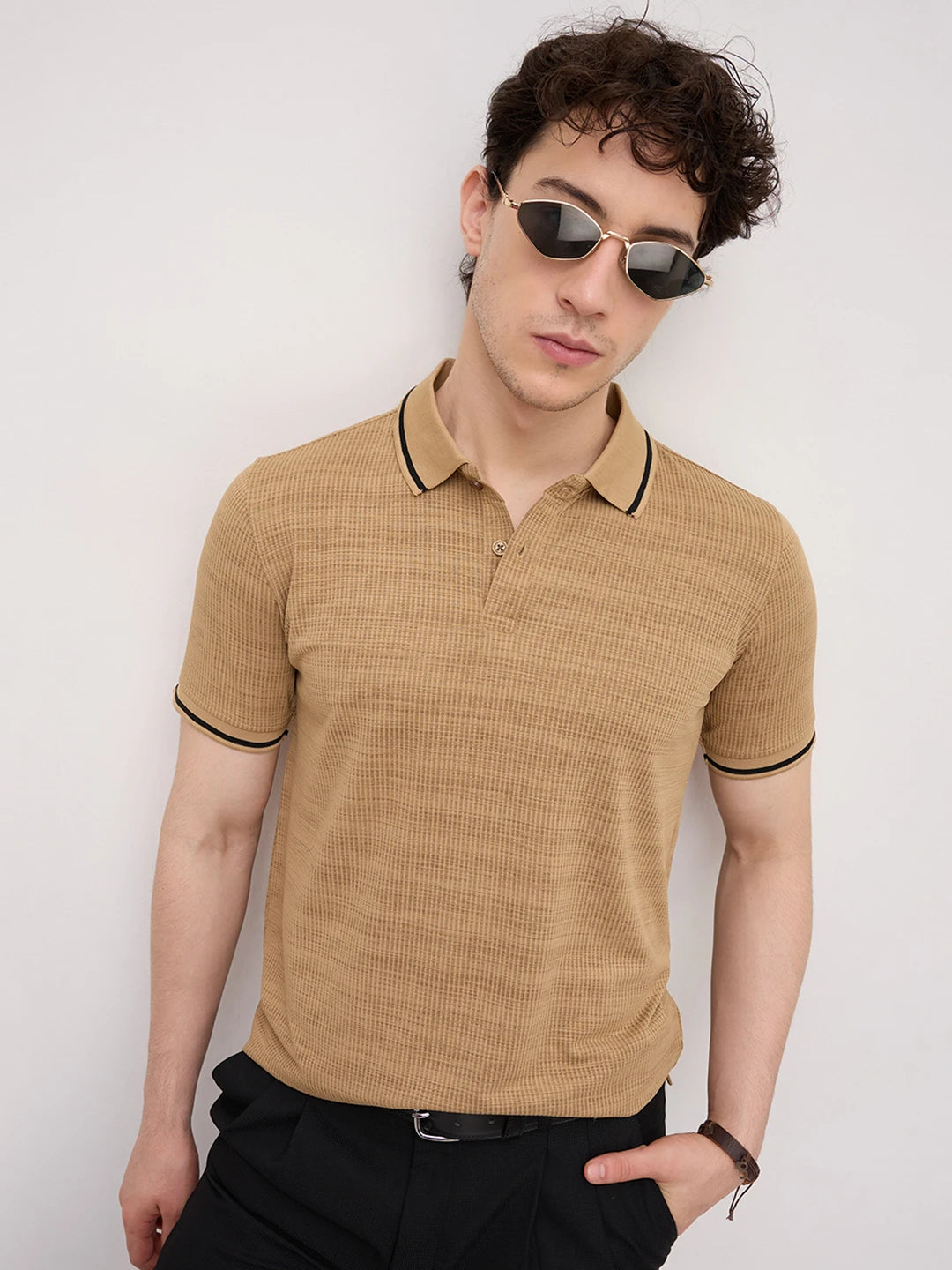 Golden Brown Stripe Embossed Polo Flat Knit T-Shirt