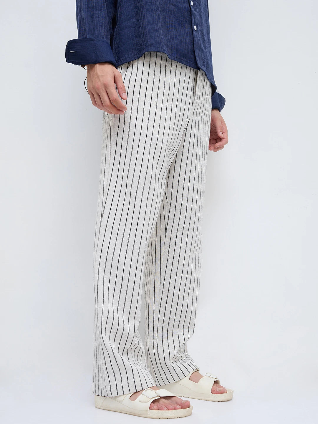 Artistic Ivory & Black Burlap Striped Straight Fit Trousers