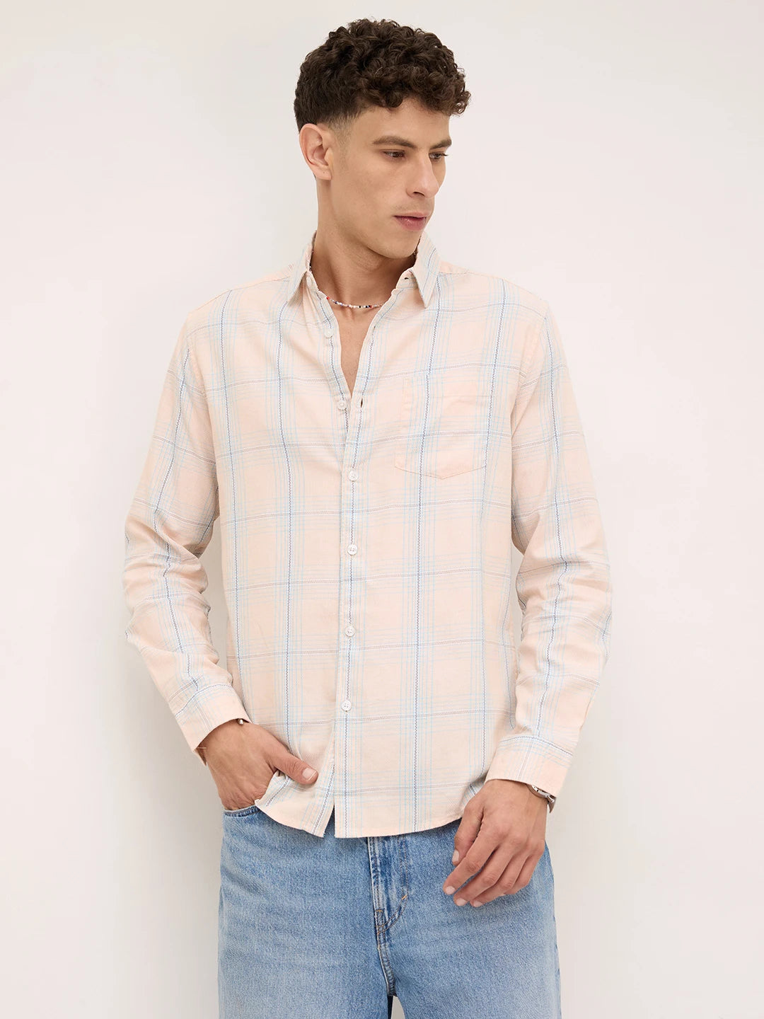Peach Mist Skyline Checks Shirt
