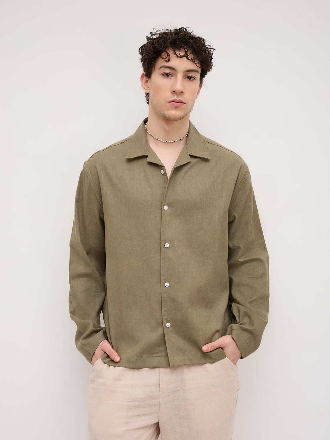 Olive Green Notch Collar Oversized Shirt