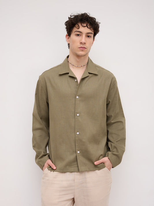 Olive Green Notch Collar Oversized Shirt