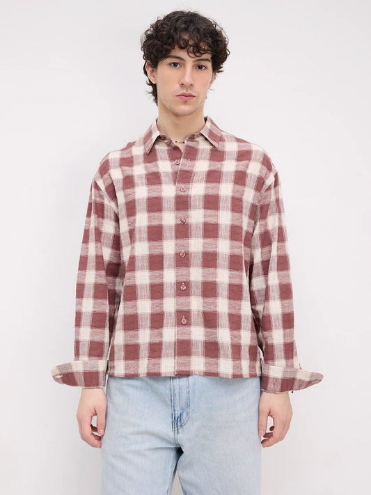 Vintage Maroon Handloom Inspired Checks Boxy Fit Crop Shirt