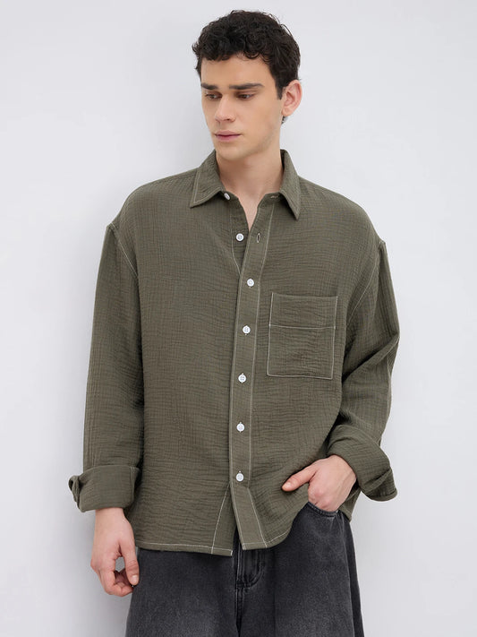 Muted Olive Contrast Stitch Double Cloth Boxy Fit Crop Shirt