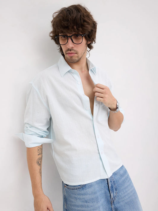 Ice Blue Fine Striped Textured Boxy Fit Crop Shirt