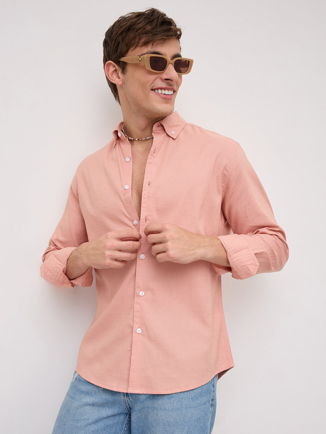 Pearl Pink Oxford Linen Blend Button-Down Collar Shirt