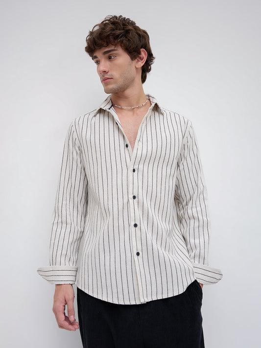 Black & Ivory Saddle Weave Contrast Stripe Shirt