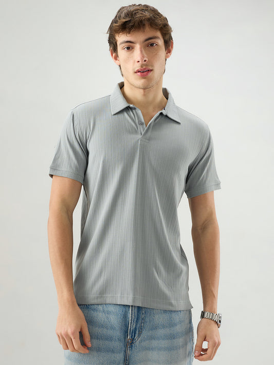 Refined Grey Hairline Striped Polo Knit T-Shirt