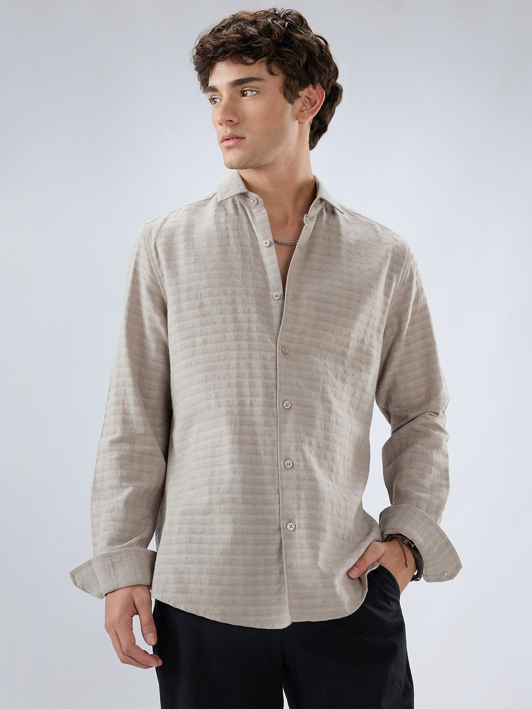 Grey Horizontal Striped Textured Shirt