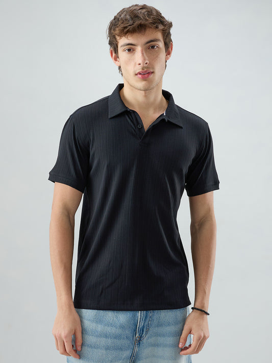 Refined Black Hairline Striped Polo Knit T-Shirt