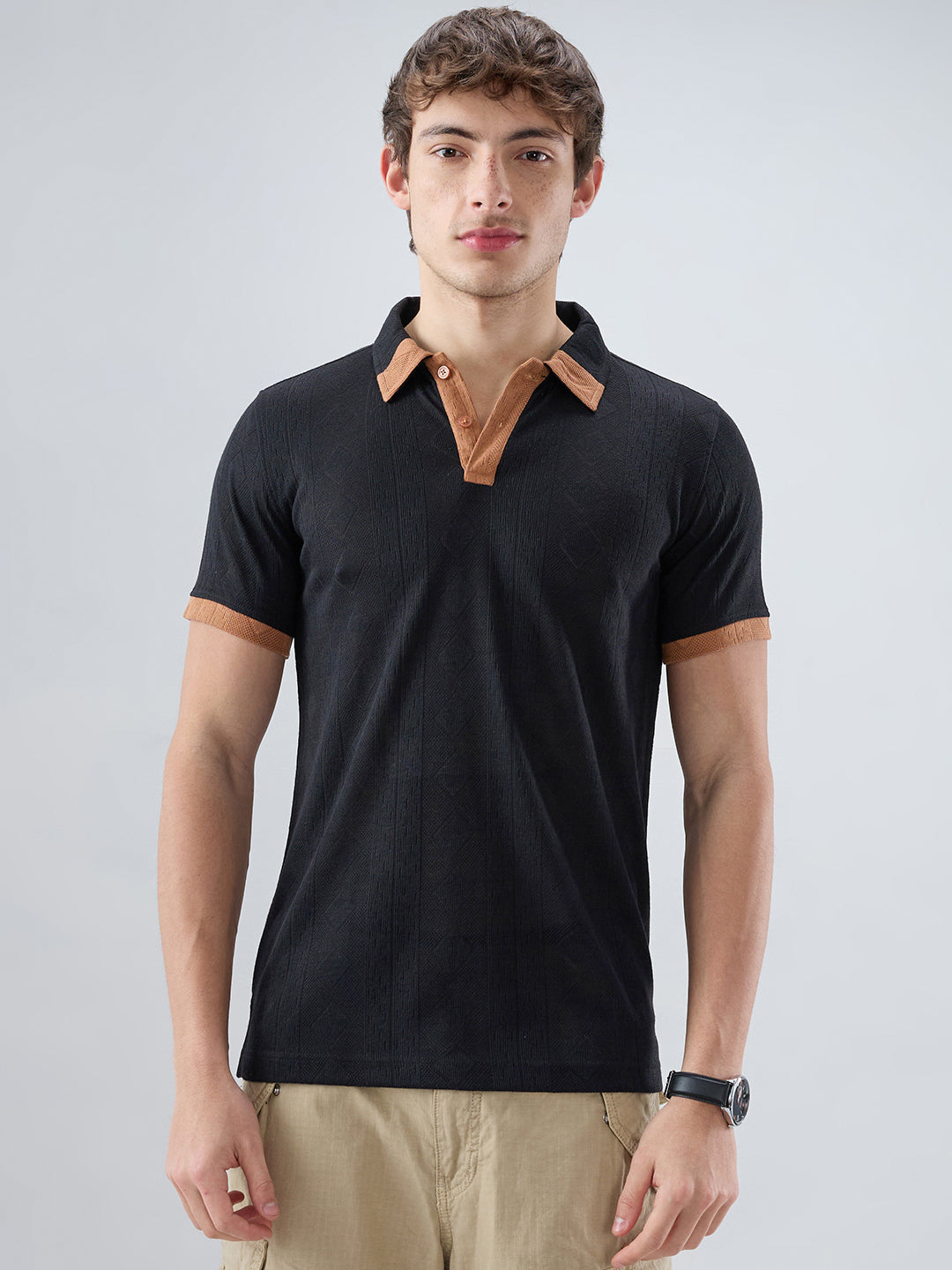 Rich Black Contrast Polo Neck Diamond Weave Knit T-shirt
