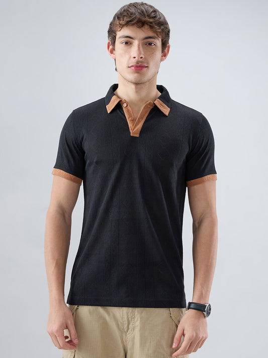 Rich Black Contrast Polo Neck Diamond Weave Knit T-shirt