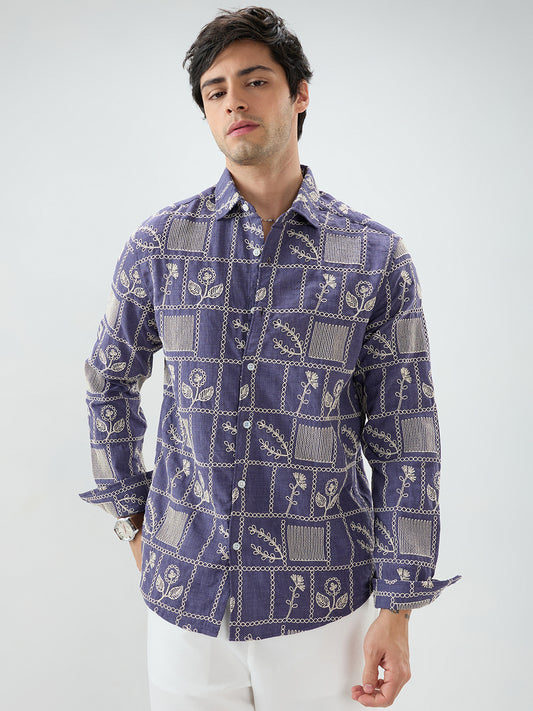 Indigo Frame Floral Contrast Embroidered Shirt