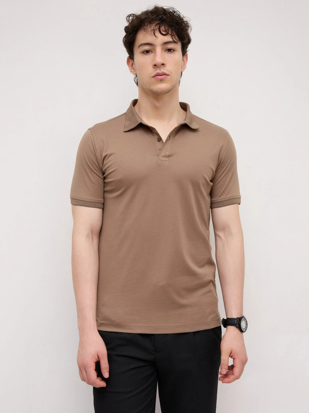 Deep Taupe Honecomb Polo Knit T-Shirt