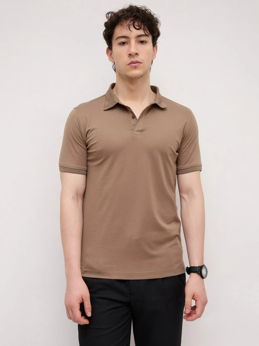 Deep Taupe Honecomb Polo Knit T-Shirt