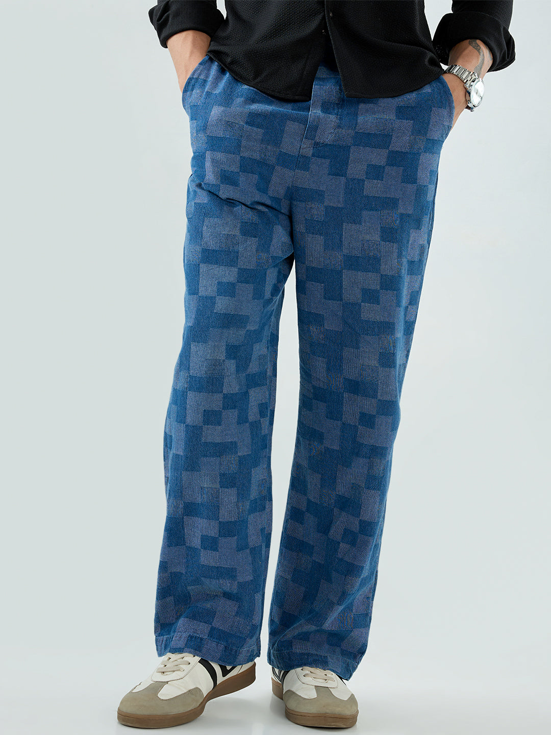 Elegant Denim Blue Box Checks Acid Wash Straight-Fit Trousers