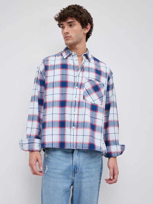 Denim Multi Tone Herringbone Checks Boxy Fit Crop Shirt