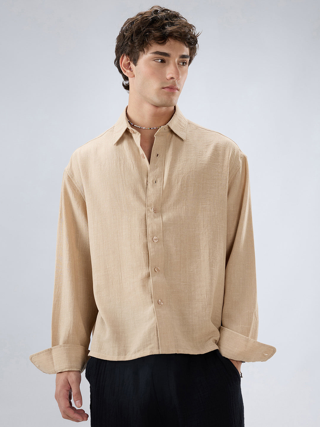 Beige Slub Textured Boxy Fit Crop Shirt