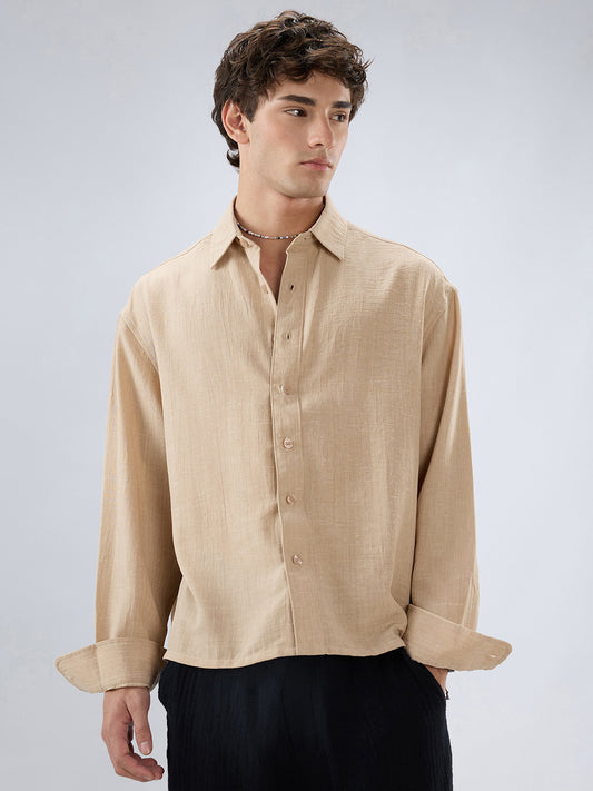 Beige Slub Textured Boxy Fit Crop Shirt