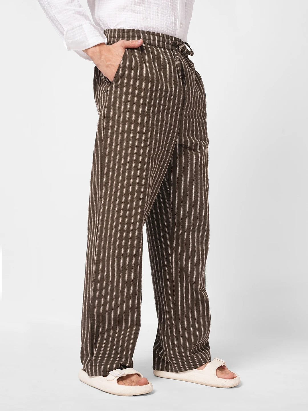 Olive Artisan Fine Embroidered Seersucker Striped Straight Fit Trousers