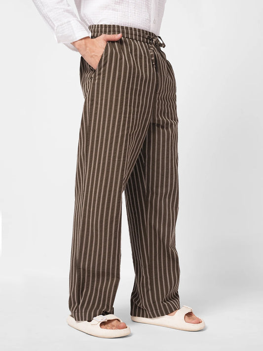 Olive Artisan Fine Embroidered Seersucker Striped Straight Fit Trousers