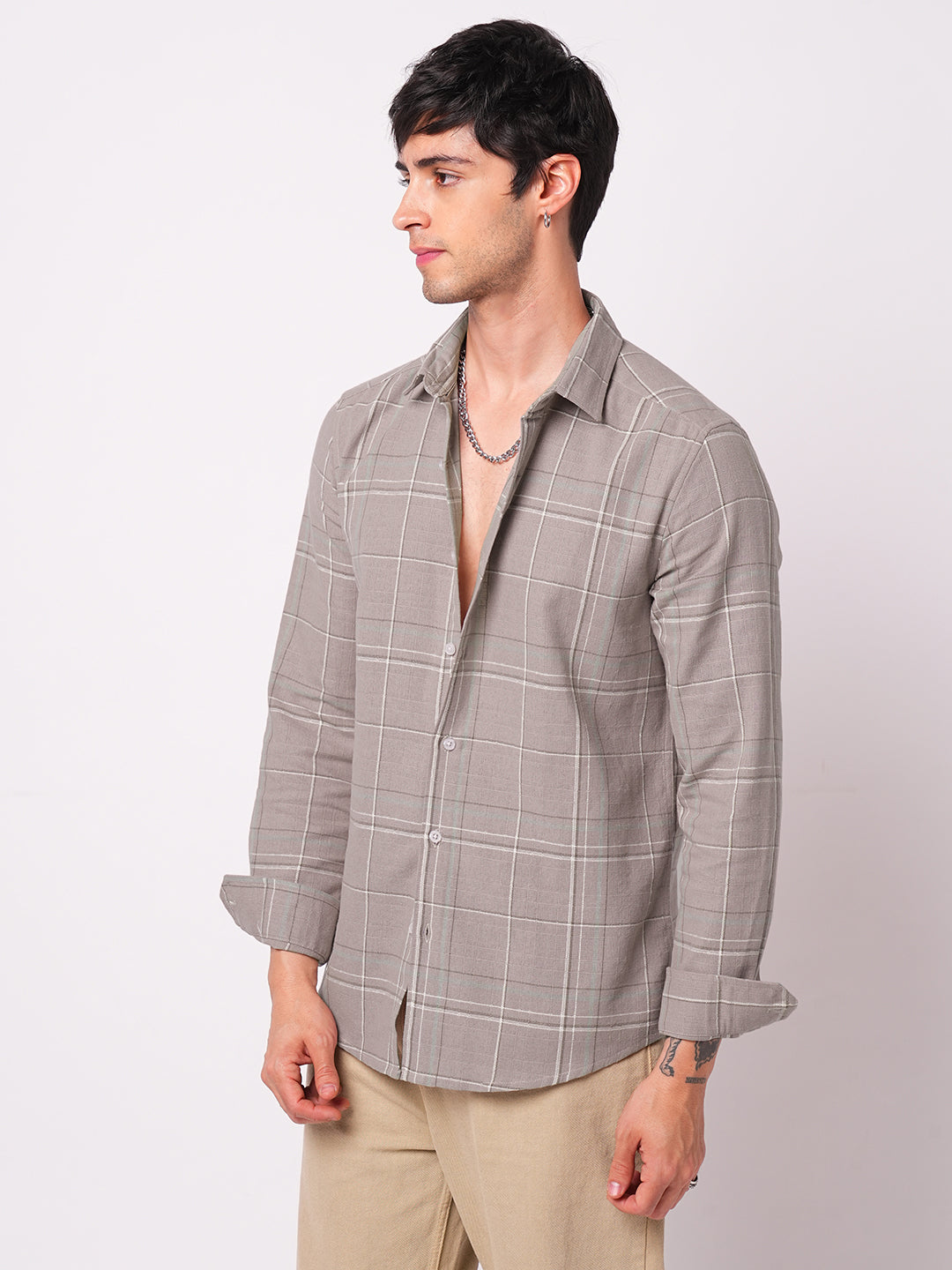 Elegant Taupe Brown Windowpane Checks Shirt