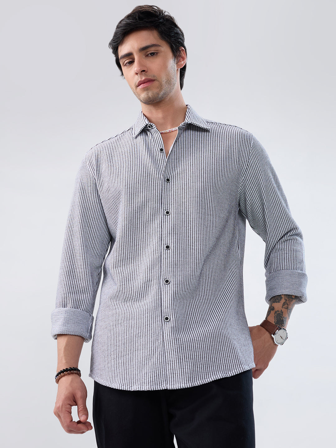 White Grid Textured Knitted Shirt