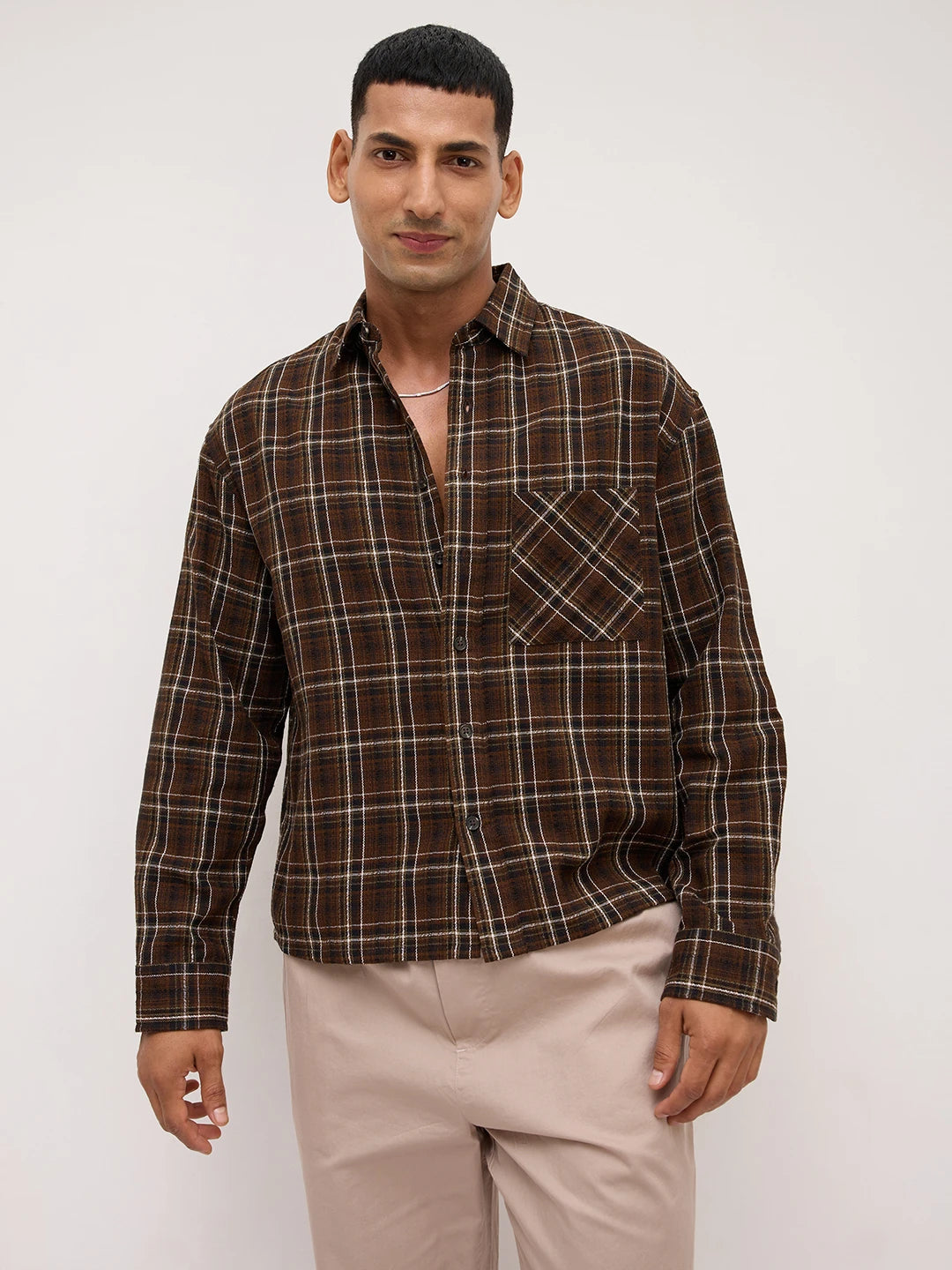 Rustic Brown Grid Framework Boxy Fit Crop Shirt