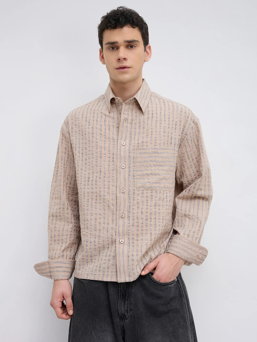 Taupe Beige Fine Striped Boxy Fit Crop Shirt
