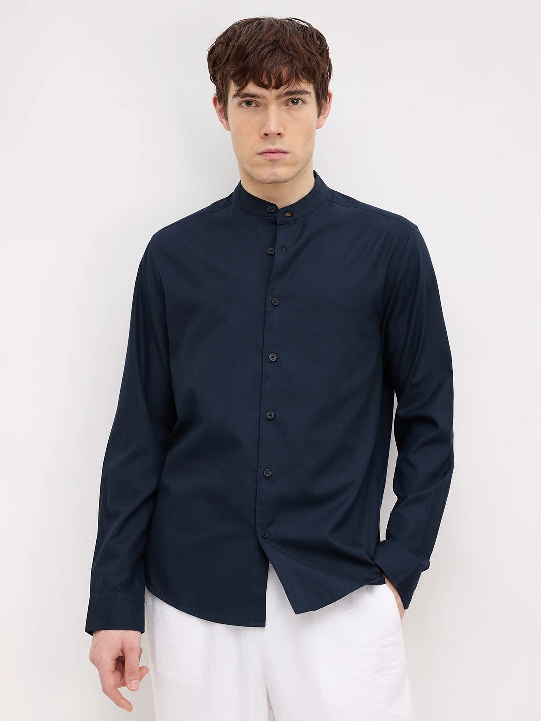 Classic Navy Herringbone Textured Mandarin Shirt