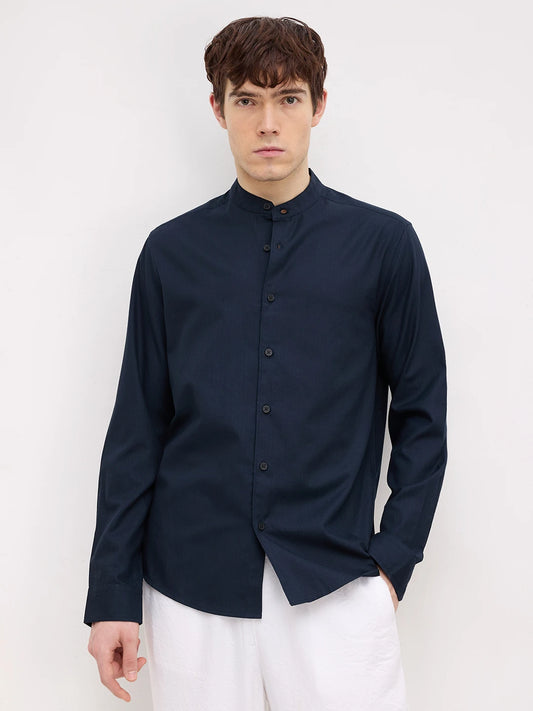 Classic Navy Herringbone Textured Mandarin Shirt
