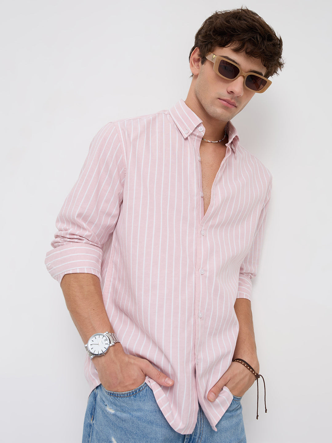 Pink Candy Striped Button-Down Collar Oxford Shirt