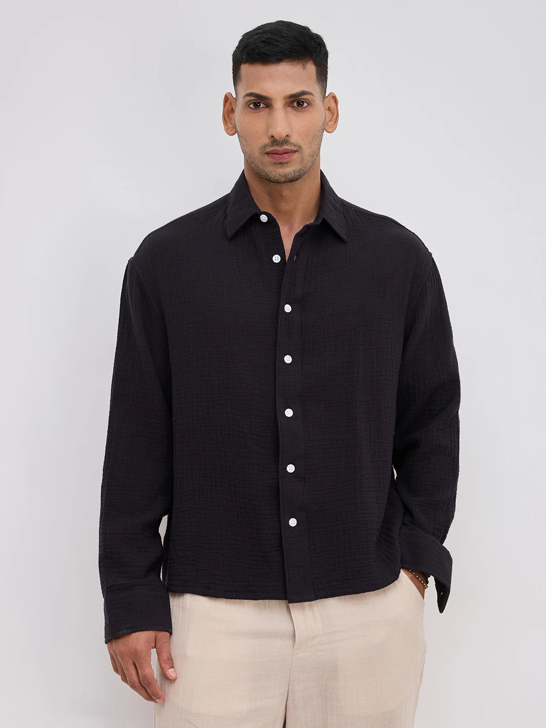 Charming Black Double Cloth Boxy Fit Crop Shirt