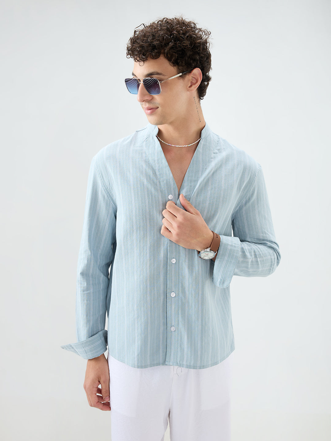 Arctic Blue Striped Linen Blend Stand Collar Oversized Shirt