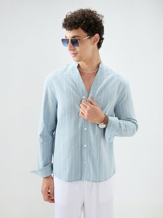 Arctic Blue Striped Linen Blend Stand Collar Oversized Shirt