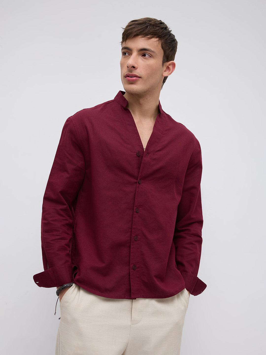 Deep Maroon Linen Blend Stand Collar Oversized Shirt