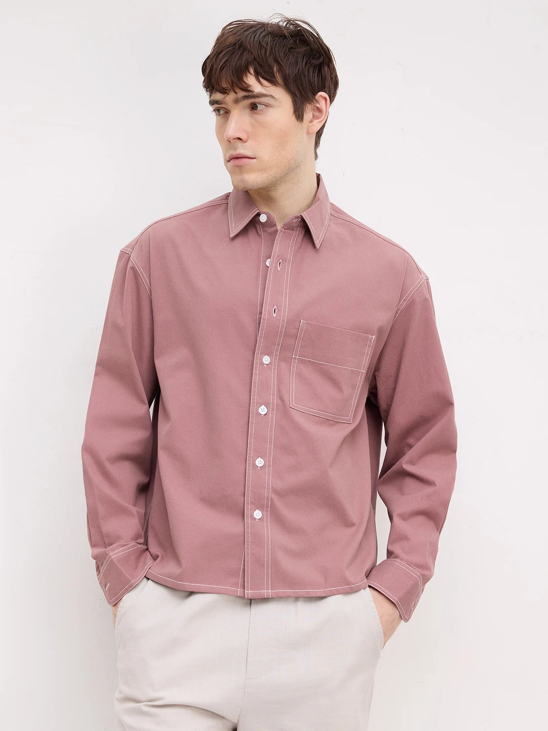 Serene Rouge Pink Contrast Stitch Boxy Fit Crop Cord Shirt