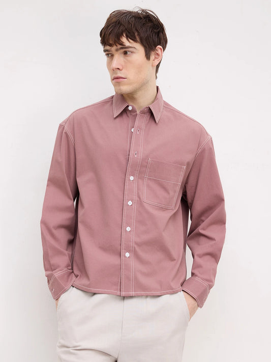 Serene Rouge Pink Contrast Stitch Boxy Fit Crop Cord Shirt
