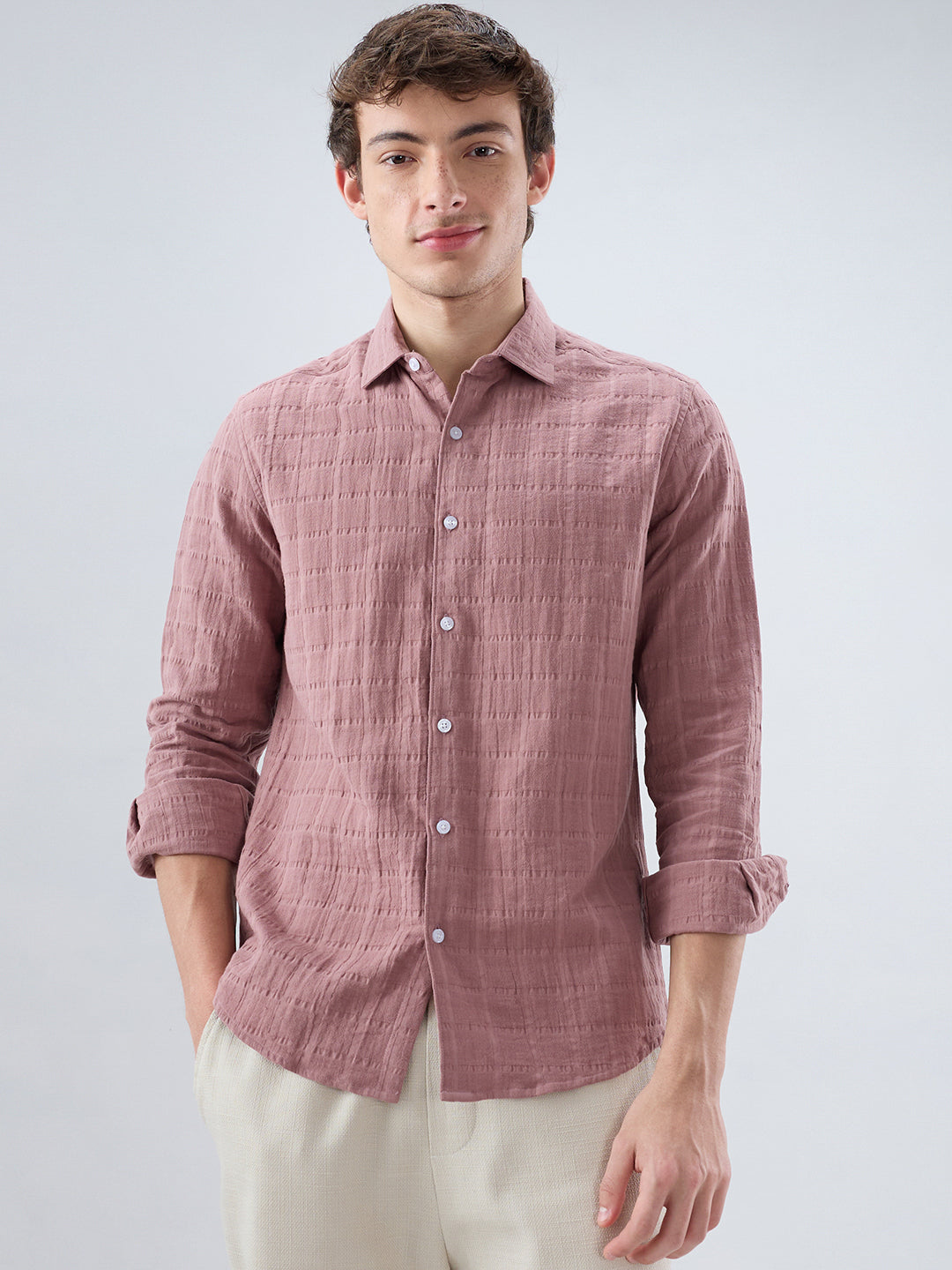 Dusty Peach Box Weave Seersucker Double Cloth Shirt