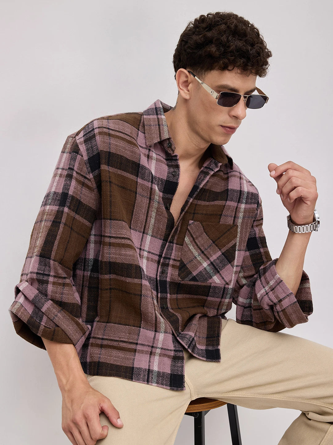 Luxe  Brown & Black Interlock Checks Cuffless Oversized Crop Shirt