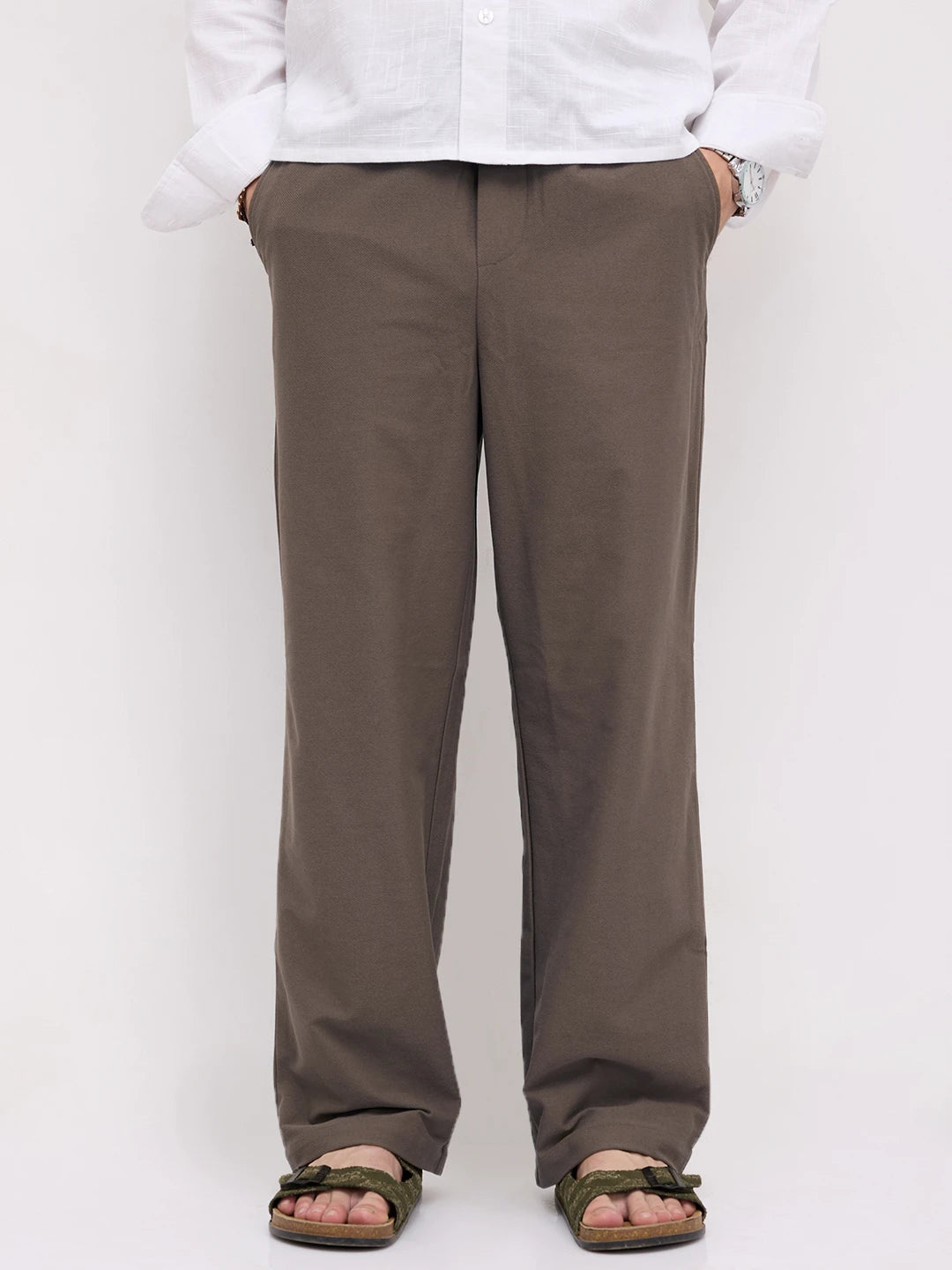 Espresso Brown Diagonal Textured Knitted Straight Fit Trousers