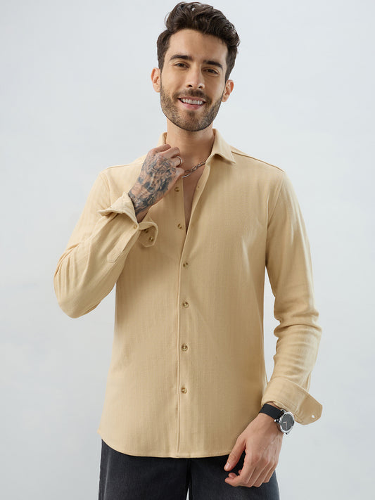 Soft Beige Herringbone Knit Shirt