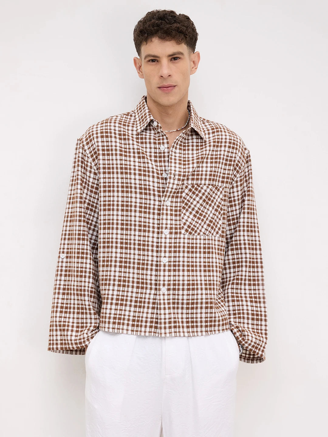 Rich Brown Crosshatch Checks Cuffless Oversized Crop Shirt