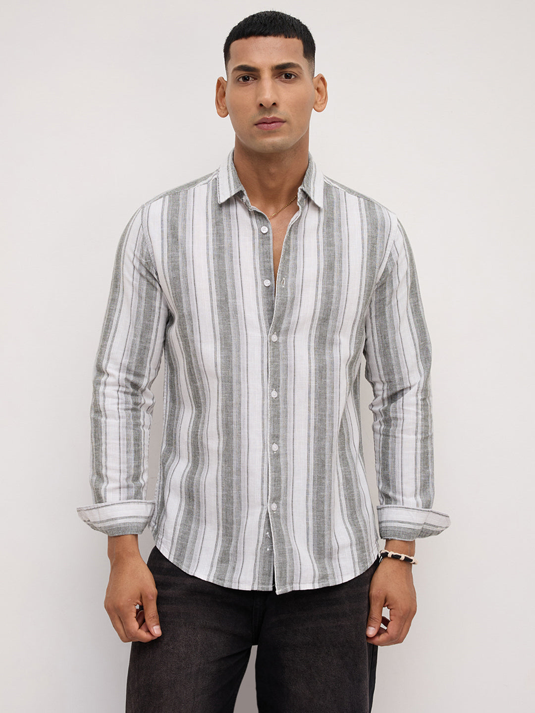 Ash Grey Shadow Striped Linen Blend Shirt