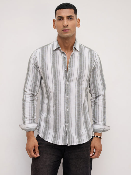Ash Grey Shadow Striped Linen Blend Shirt