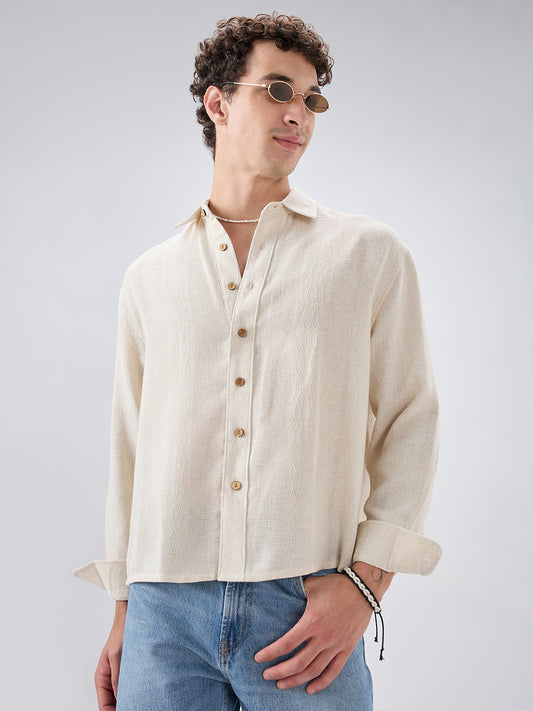 Raw Linen Blend Micro Weave Lozenge Textured Boxy Fit Crop Shirt