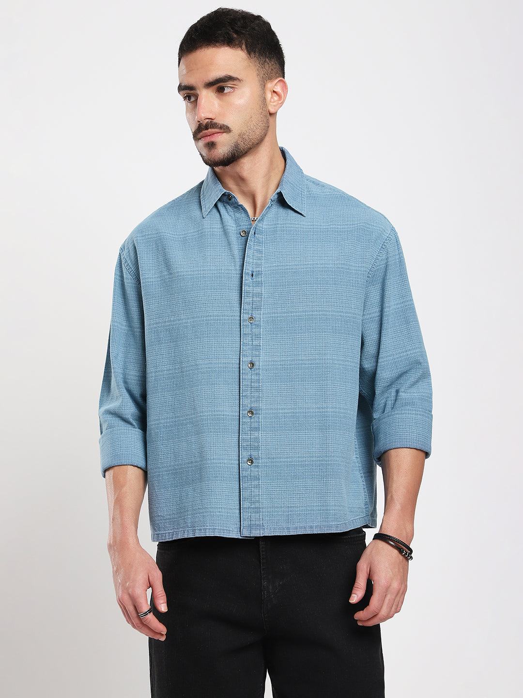 Denim Blue Crosshatch Textured  Boxy Fit Crop Shirt